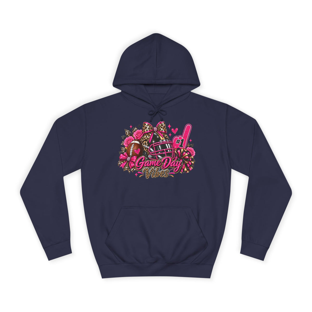 Game Day Cheer Hoodie — Pink Football Floral Design by Printify, navy pullover hoodie with pink football, cheer pom poms, and floral game day graphic.