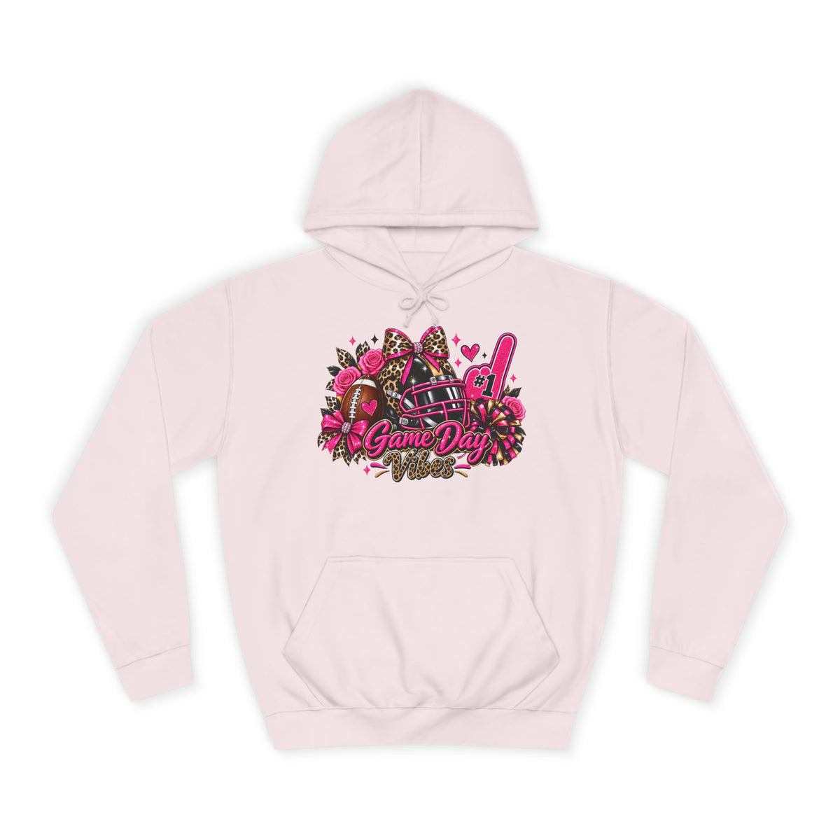 Game Day Cheer Hoodie — Pink Football Floral Design, pale pink hoodie with colorful football, cheer bow, pom-poms, and Game Day graphic by Printify