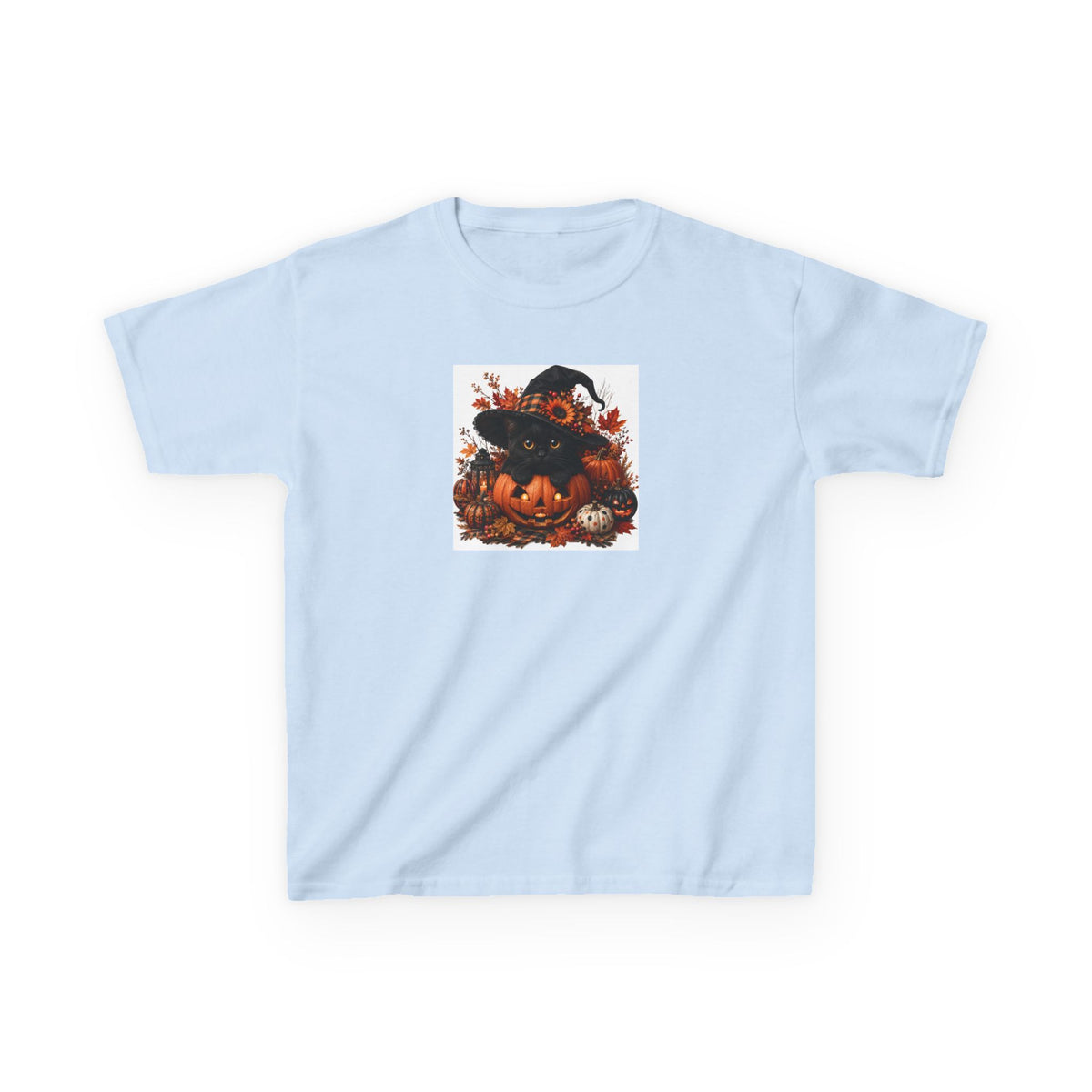 Kids Tee — Halloween Black Cat with Witch Hat & Pumpkins