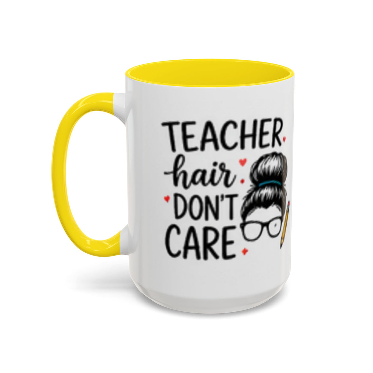 White coffee mug with yellow handle and interior, teacher hair “DON’T CARE” graphic.