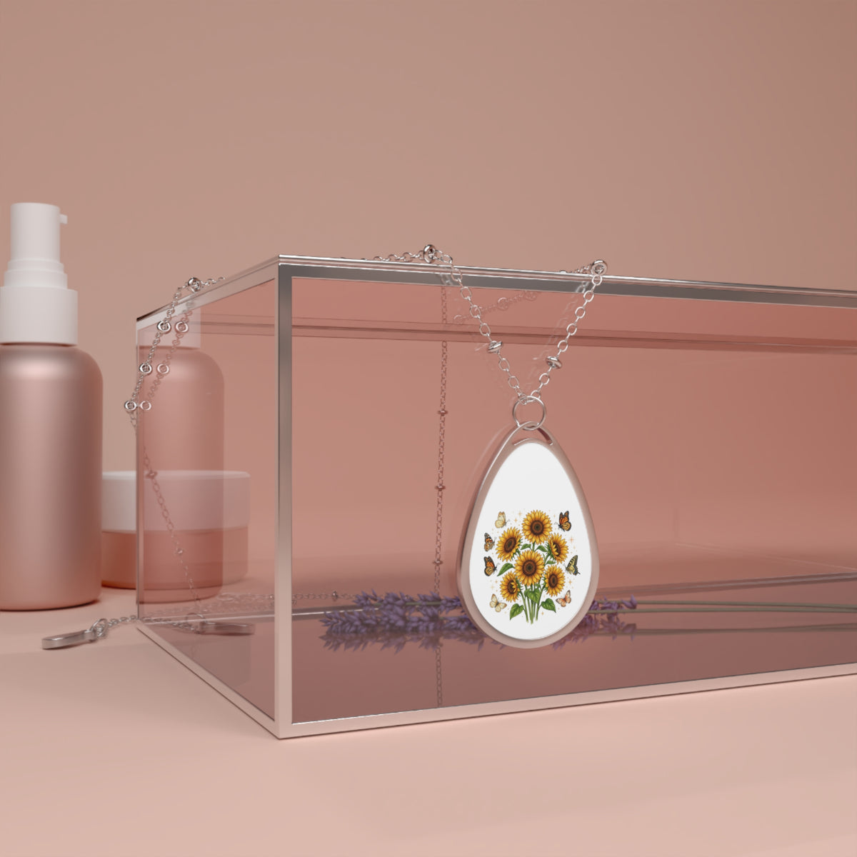 Sunflower Oval Pendant Necklace — Floral Teardrop Locket