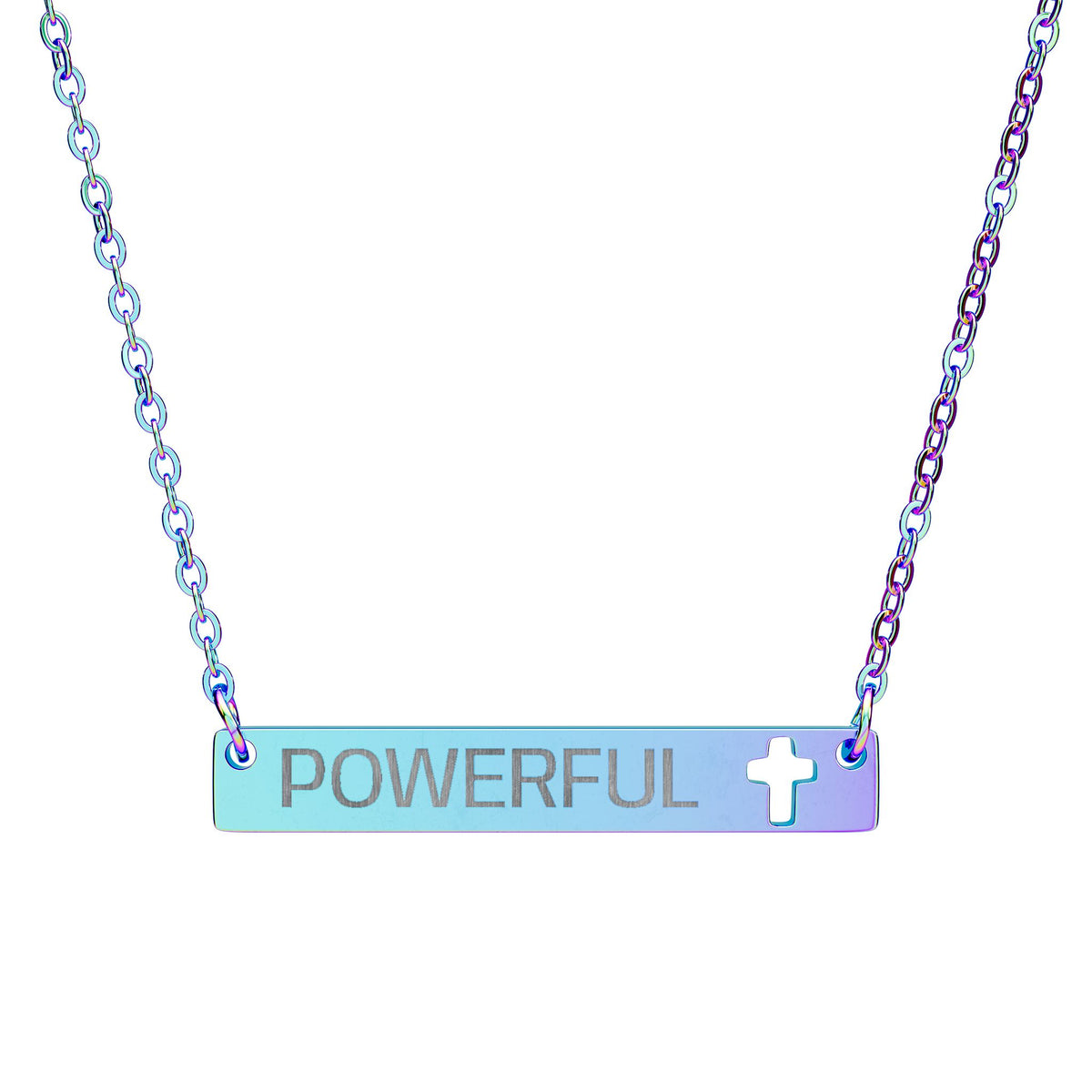 Engravable Cross Bar Necklace - "POWERFUL" Cutout Cross Pendant