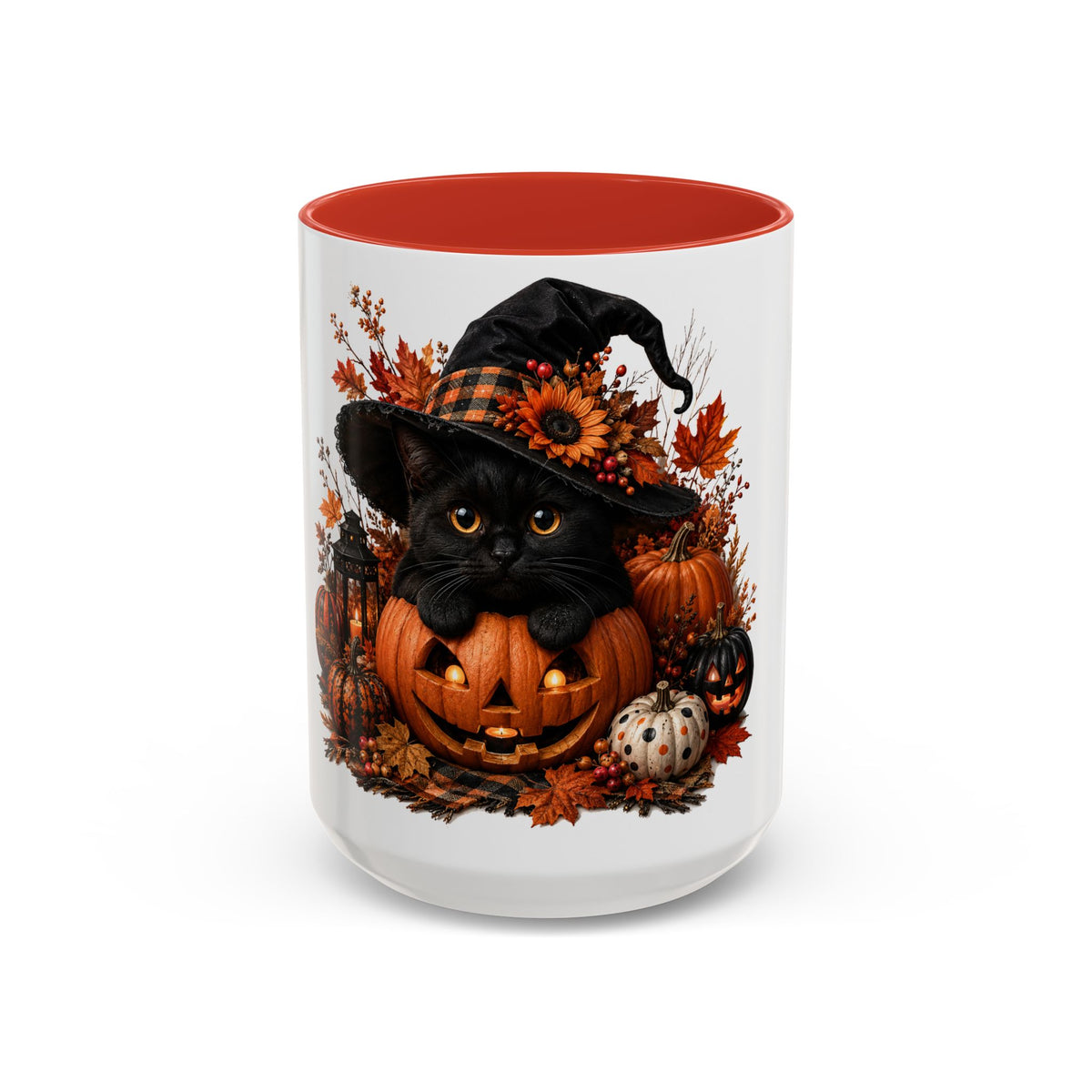 Halloween Black Cat Pumpkin Coffee Mug – Autumn Witch Hat Accent Mug (11/15oz)