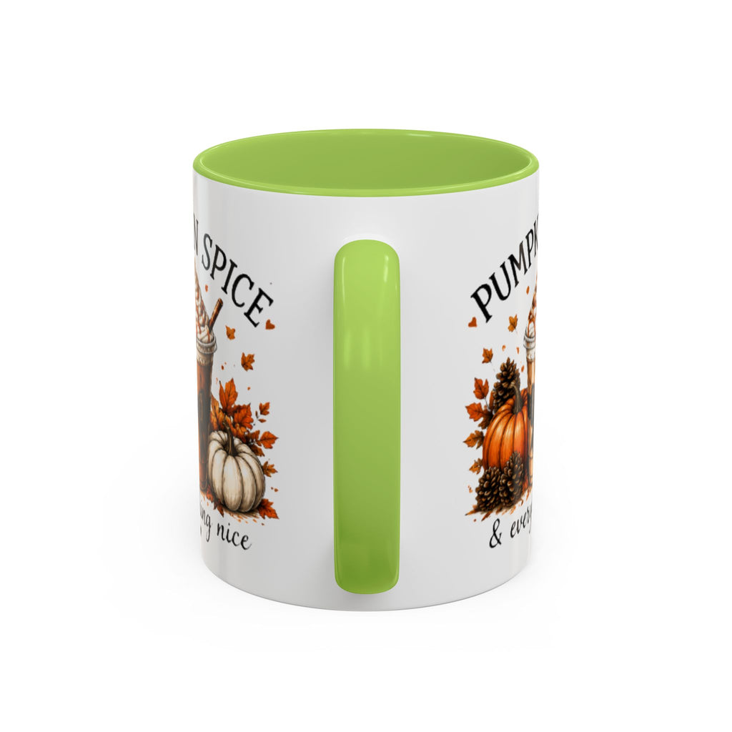 Green accent coffee mug side view with vertical handle and “Pumpkin Spice” print