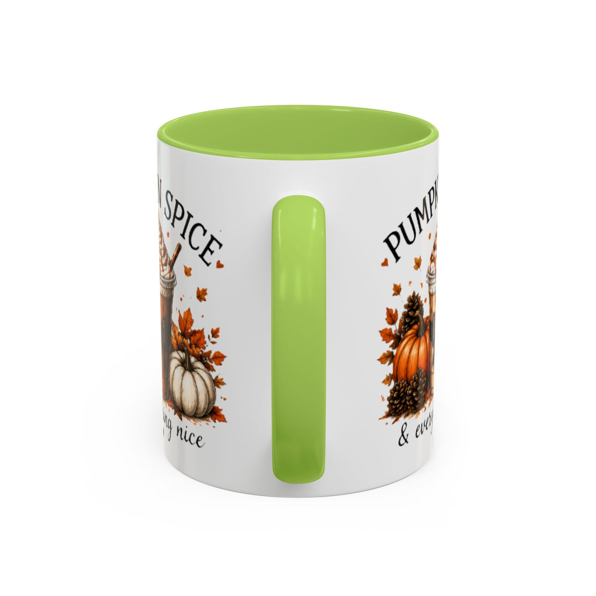 Green accent coffee mug side view with vertical handle and “Pumpkin Spice” print