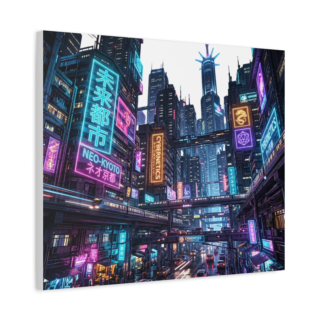 Neo-Kyoto Cyberpunk City Matte Canvas Print