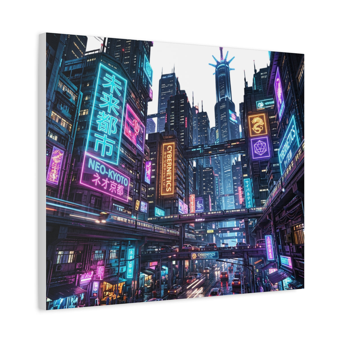 Neo-Kyoto Cyberpunk City Matte Canvas Print