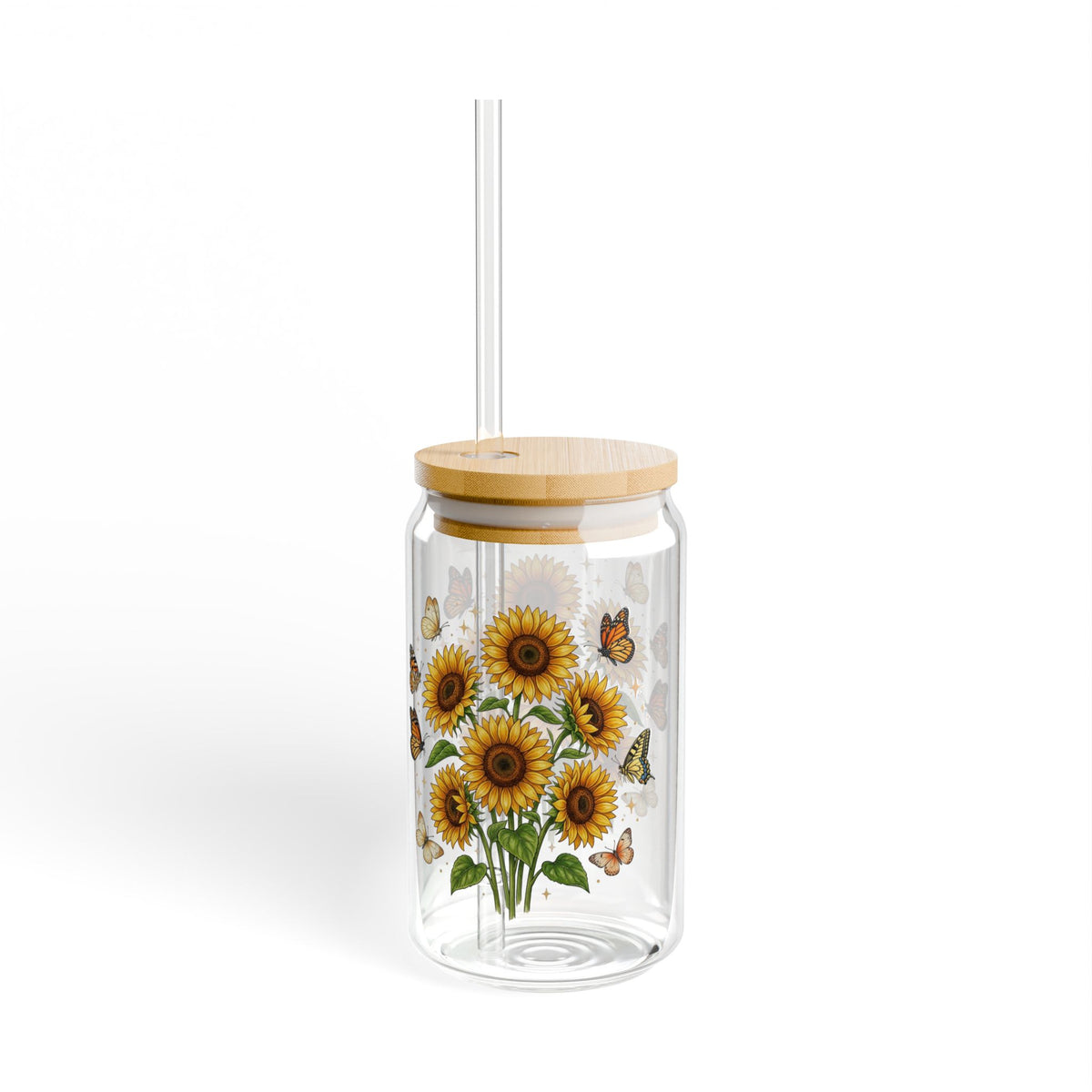 Sunflower & Butterfly Sipper Glass - 16oz Clear Tumbler with Bamboo Lid & Straw