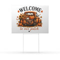 Rustic fall yard sign featuring orange truck, pumpkins, and 'WELCOME to our patch'.