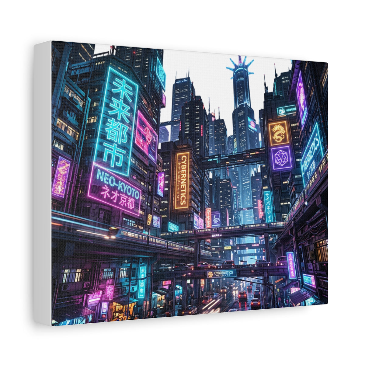 Neo-Kyoto Cyberpunk City Matte Canvas Print