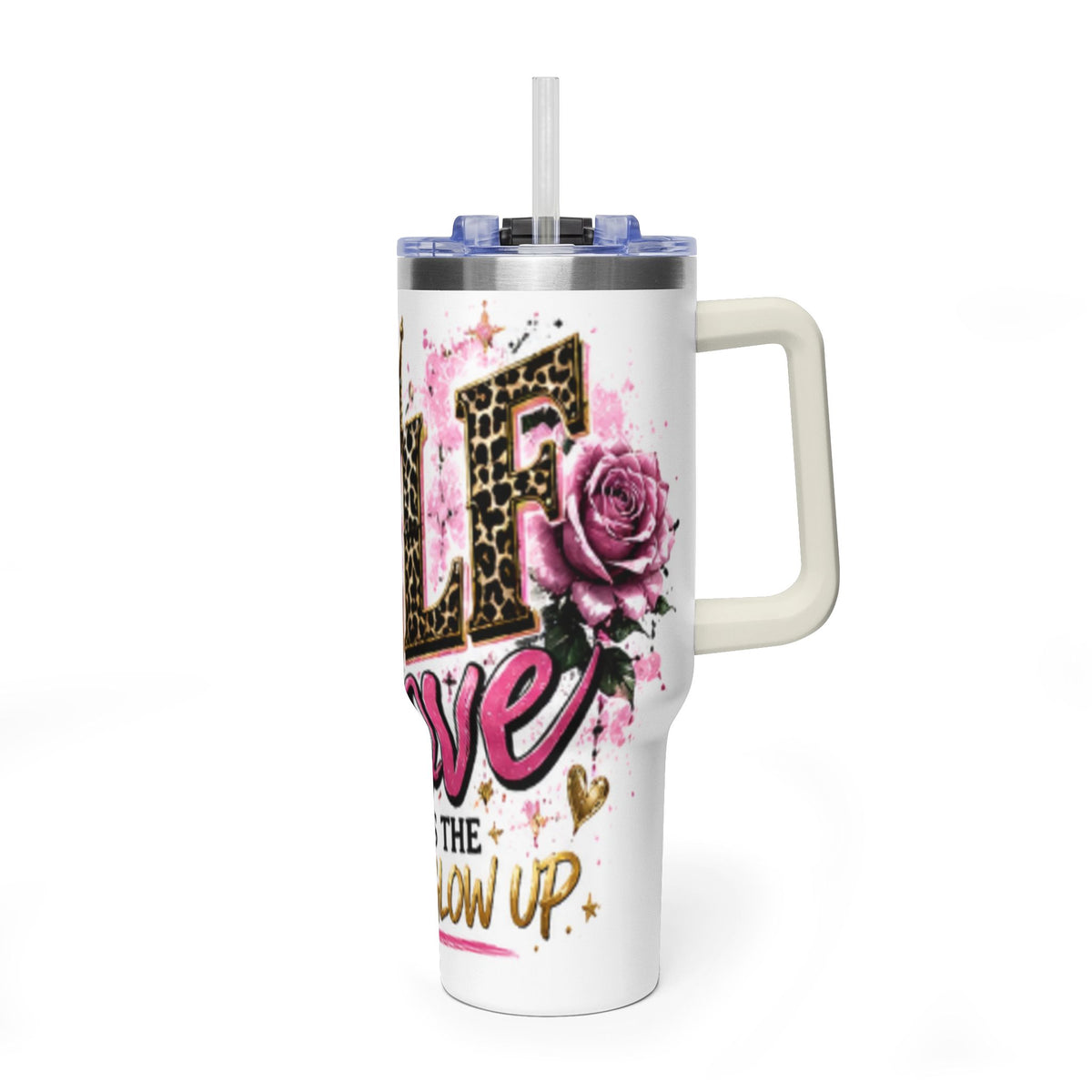 40oz Tumbler - "Self Love is the Real Glow" Leopard Crown Floral Insulated Cup