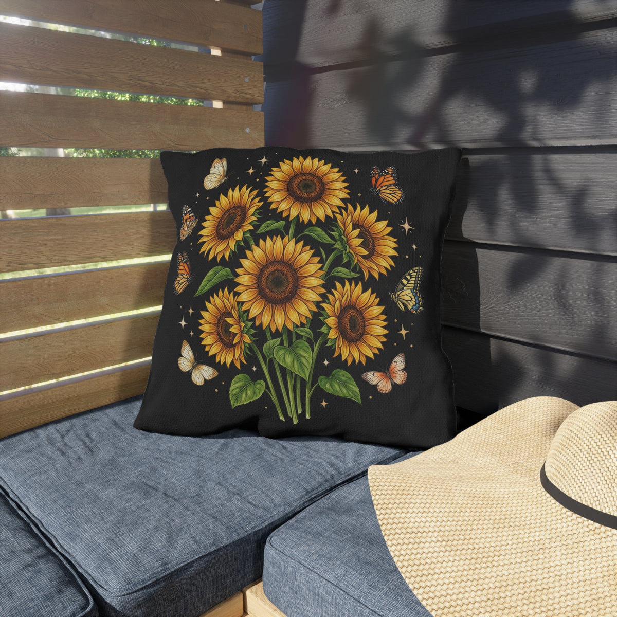 Sunflower & Butterfly Outdoor Pillow — Floral Garden Accent Cushion for Patio