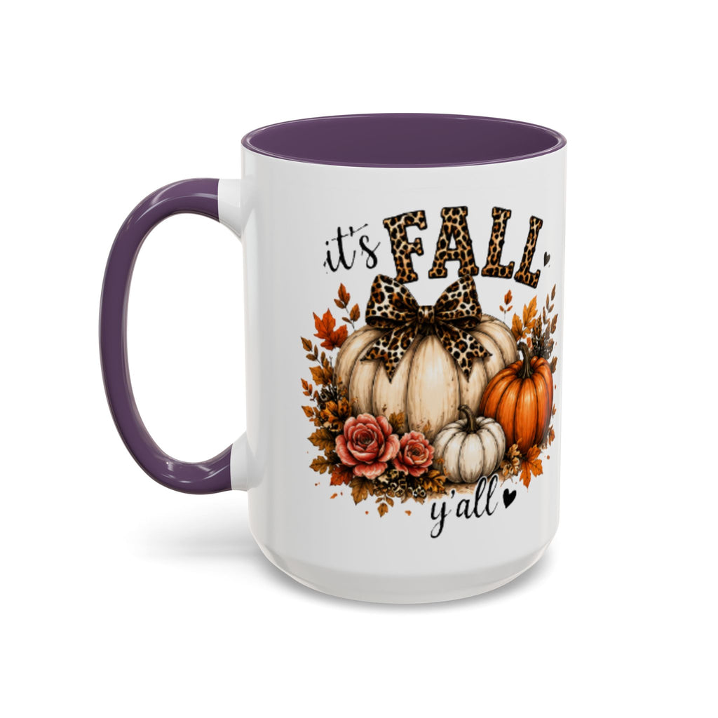 Purple accent white coffee mug with “it’s FALL y’all” pumpkin and floral graphic