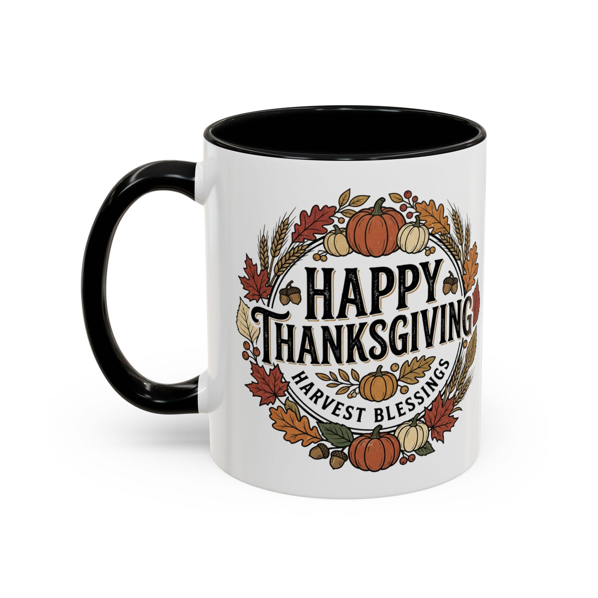 Happy Thanksgiving Accent Coffee Mug — "Harvest Blessings" Fall Pumpkin Wreath (11/15 oz)