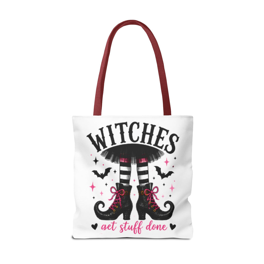 White tote bag, maroon handles, 'WITCHES' boots graphic and 'get stuff done' text