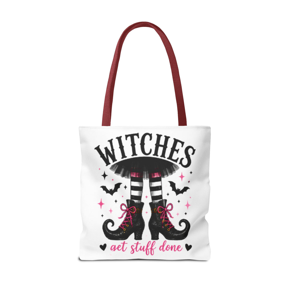 White tote bag, maroon handles, 'WITCHES' boots graphic and 'get stuff done' text