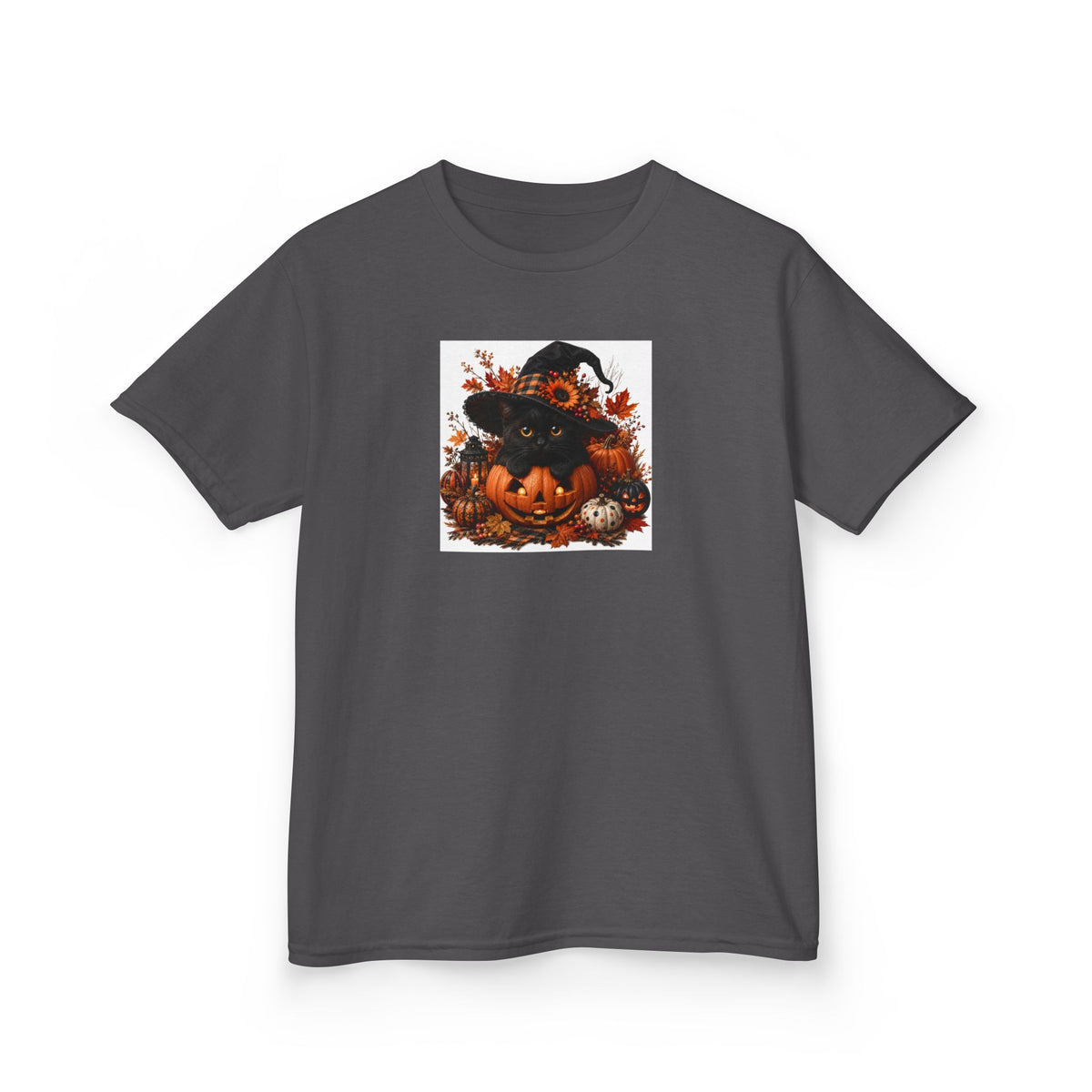 Kids Tee — Halloween Black Cat with Witch Hat & Pumpkins