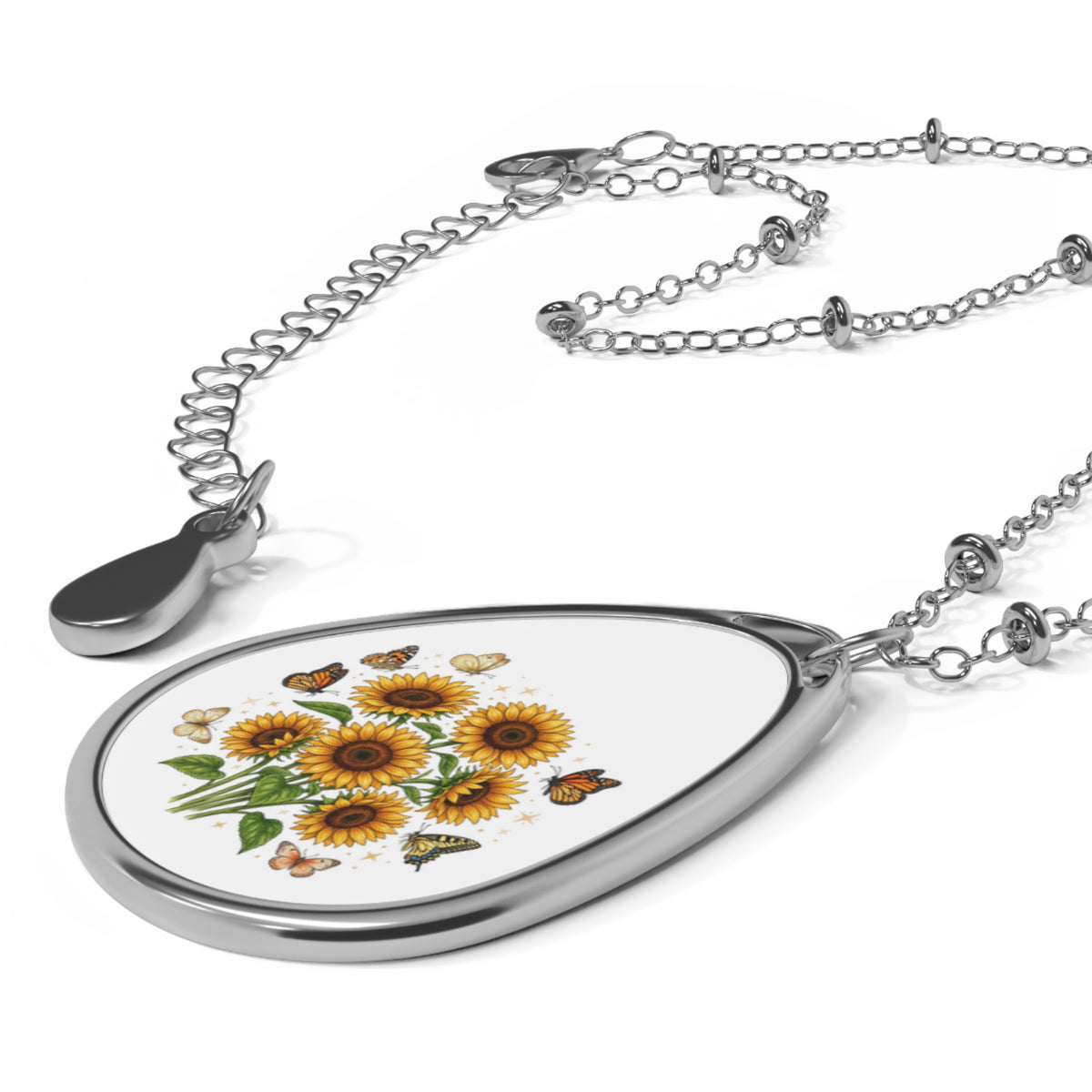 Sunflower Oval Pendant Necklace — Floral Teardrop Locket