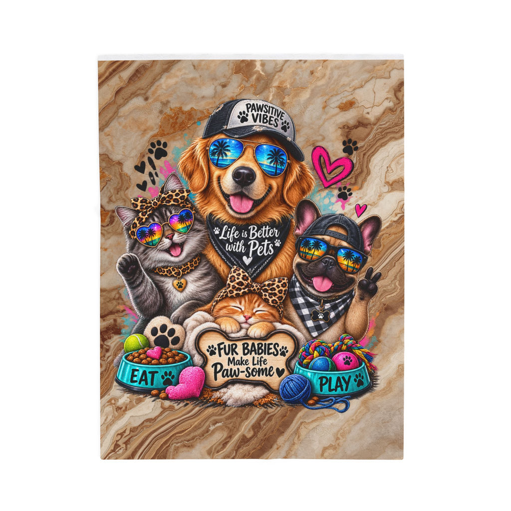 Velveteen Plush Blanket — "Life Is Better with Pets" Cute Dog & Cat Paw-Some Throw