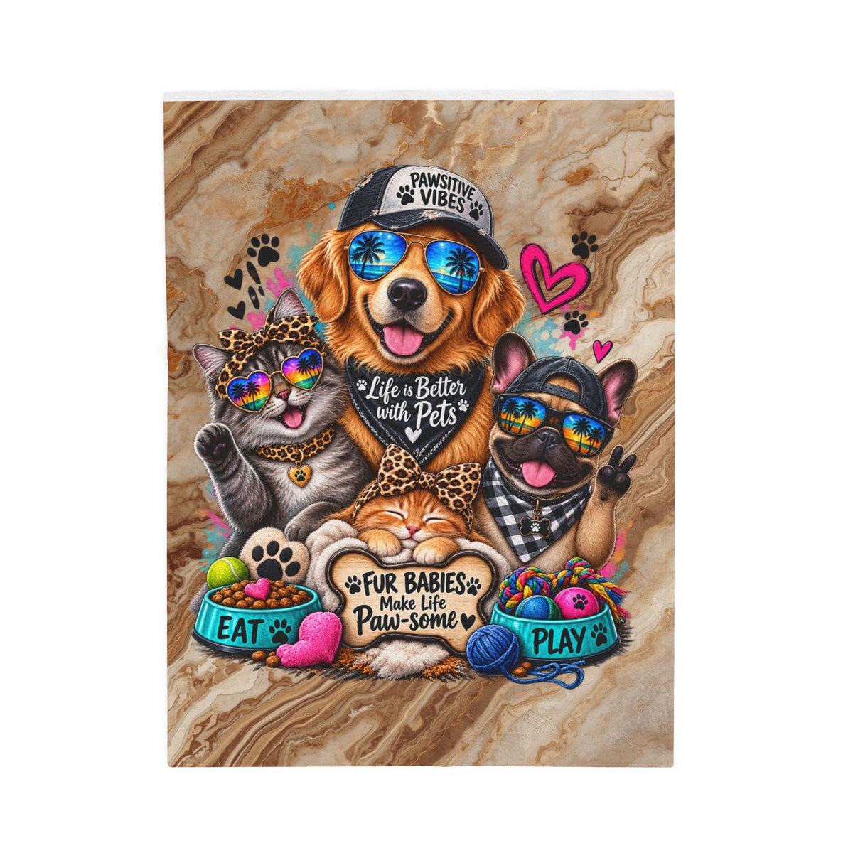 Velveteen Plush Blanket — "Life Is Better with Pets" Cute Dog & Cat Paw-Some Throw