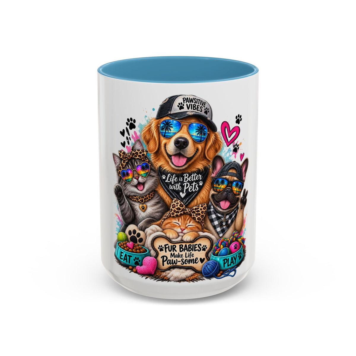 Coffee Mug — "Life is Better with Pets" Colorful Dog & Cat Paw-some Design (11/15 oz)