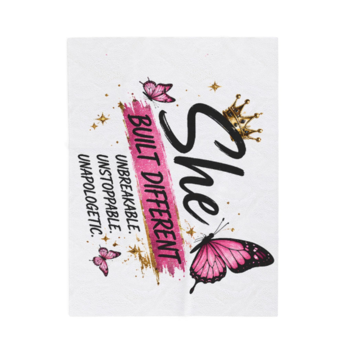 White plush blanket with large "Built Different" lettering and pink butterfly artwork
