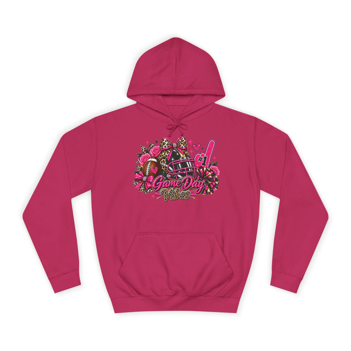 Game Day Cheer Hoodie — Pink Football Floral Design by Printify, pink pullover hoodie with colorful football, floral, pom pom, and Game Day chest graphic