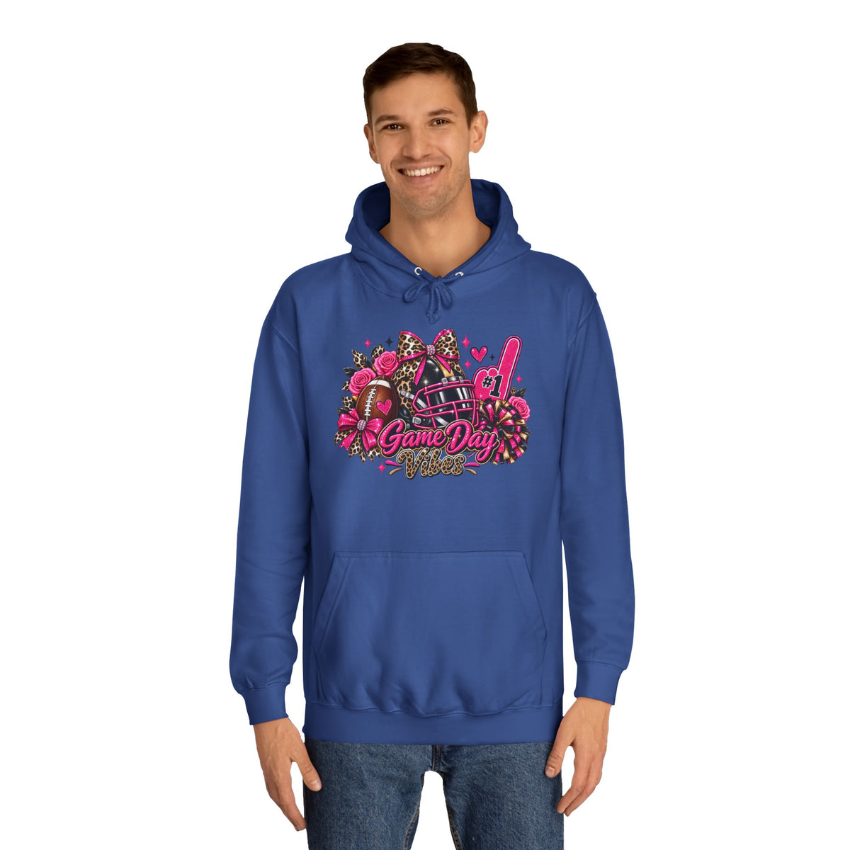 Game Day Cheer Hoodie — Pink Football Floral Design by Printify, blue hoodie modeled by a man with a colorful pink football and game day graphic】【。