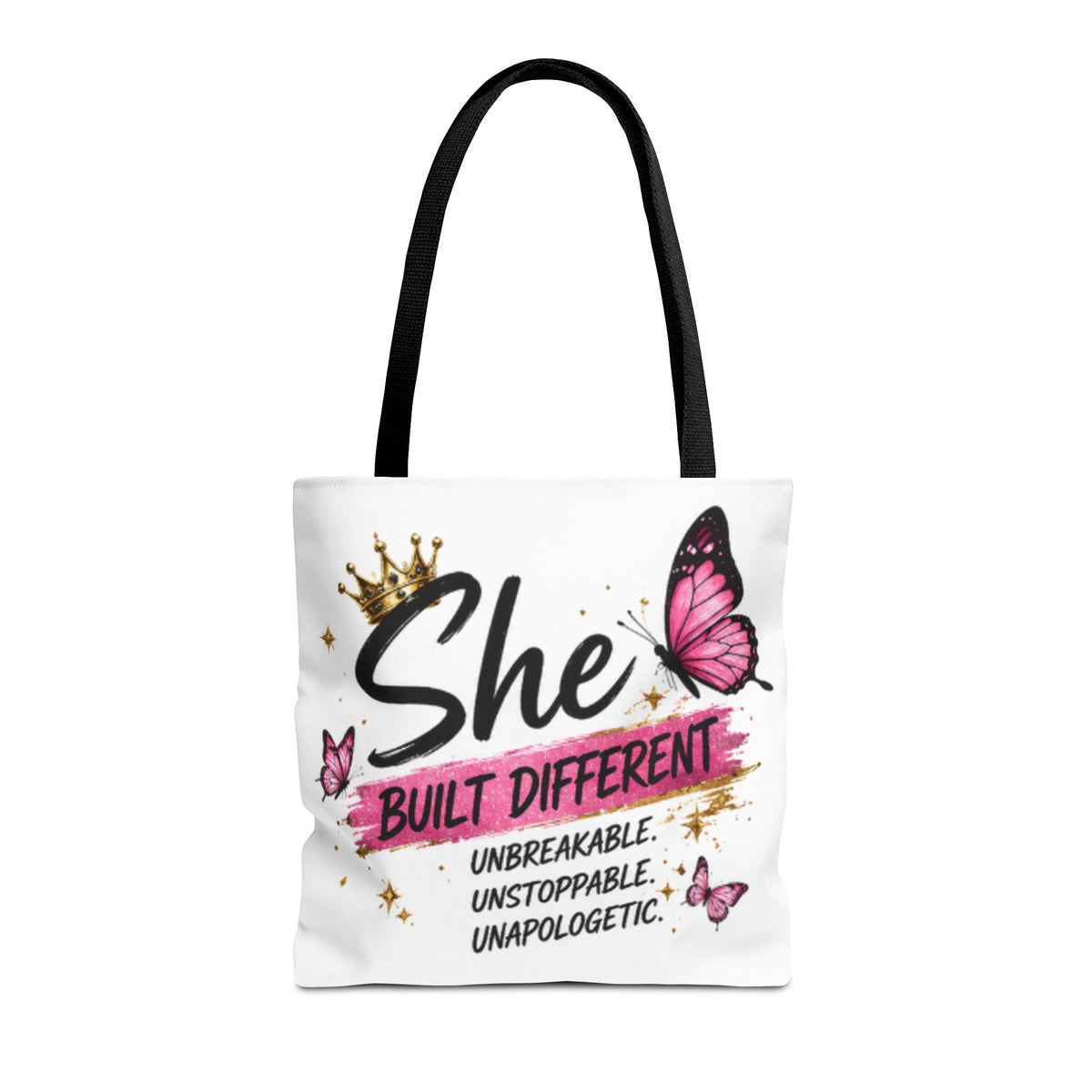 Black-strapped graphic tote bag featuring 'She Built Different' text and butterfly design