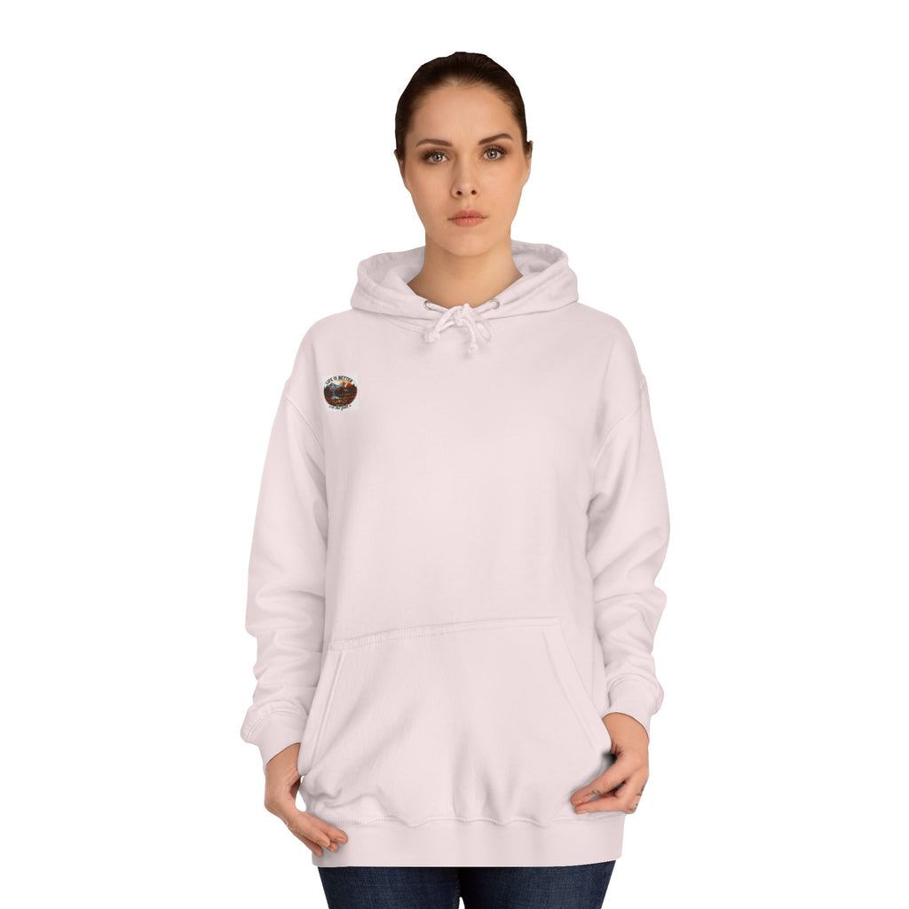 White pullover hoodie with drawstring hood and front pouch pocket, small chest patch