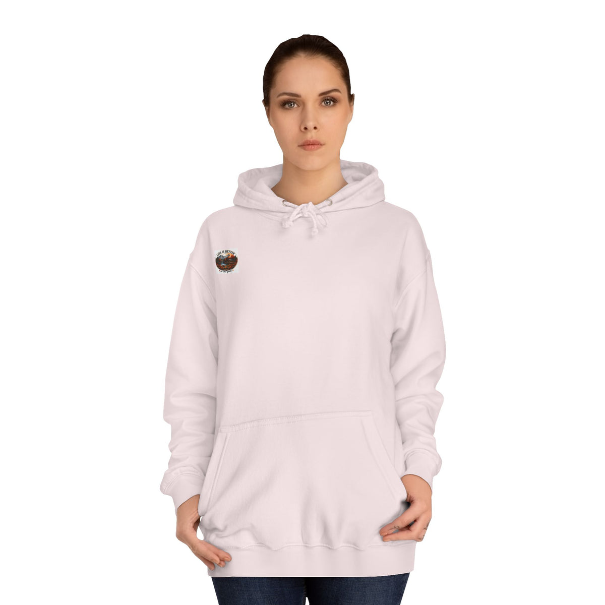 White pullover hoodie with drawstring hood and front pouch pocket, small chest patch