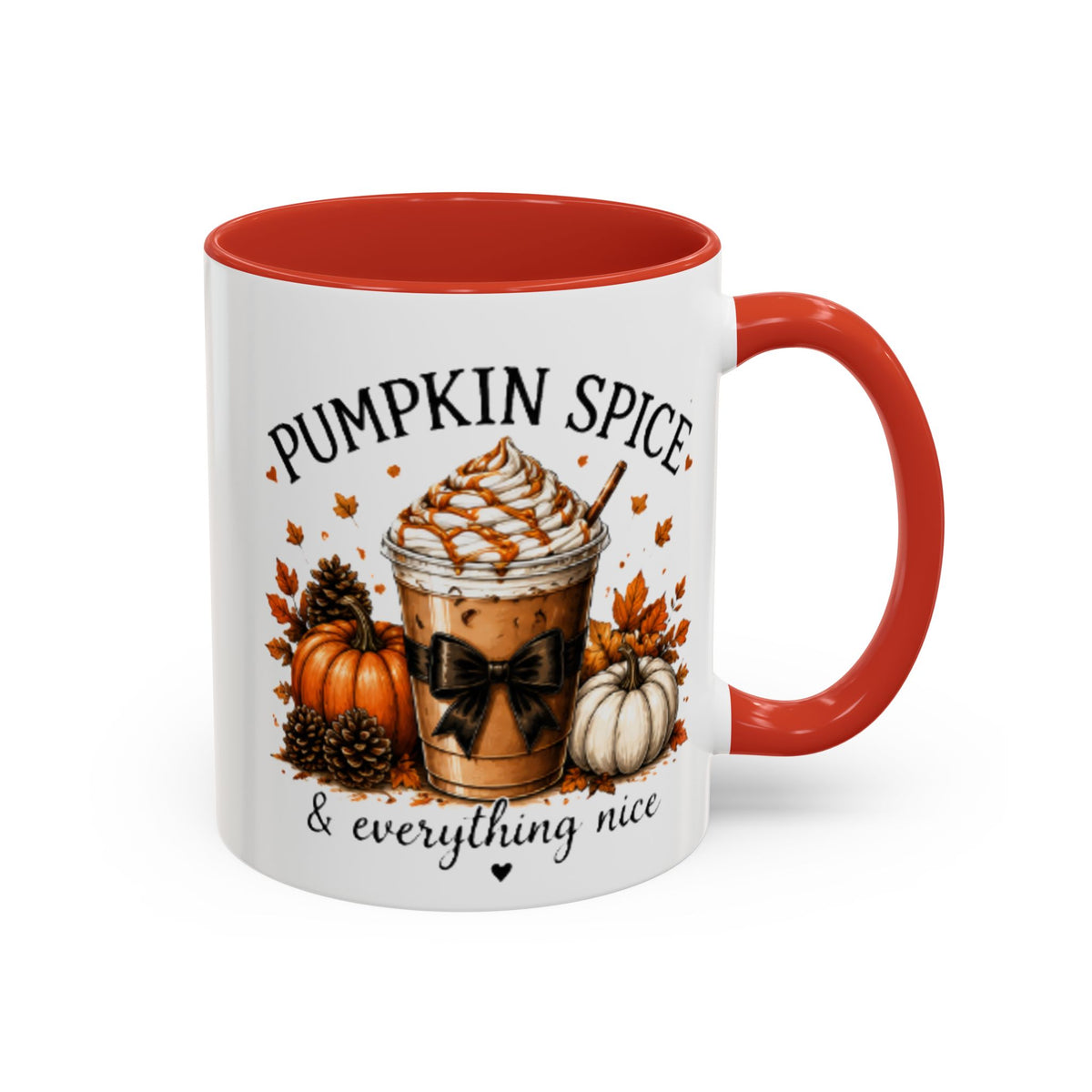 Coffee mug with orange rim and handle; pumpkin spice coffee graphic with bow and fall leaves
