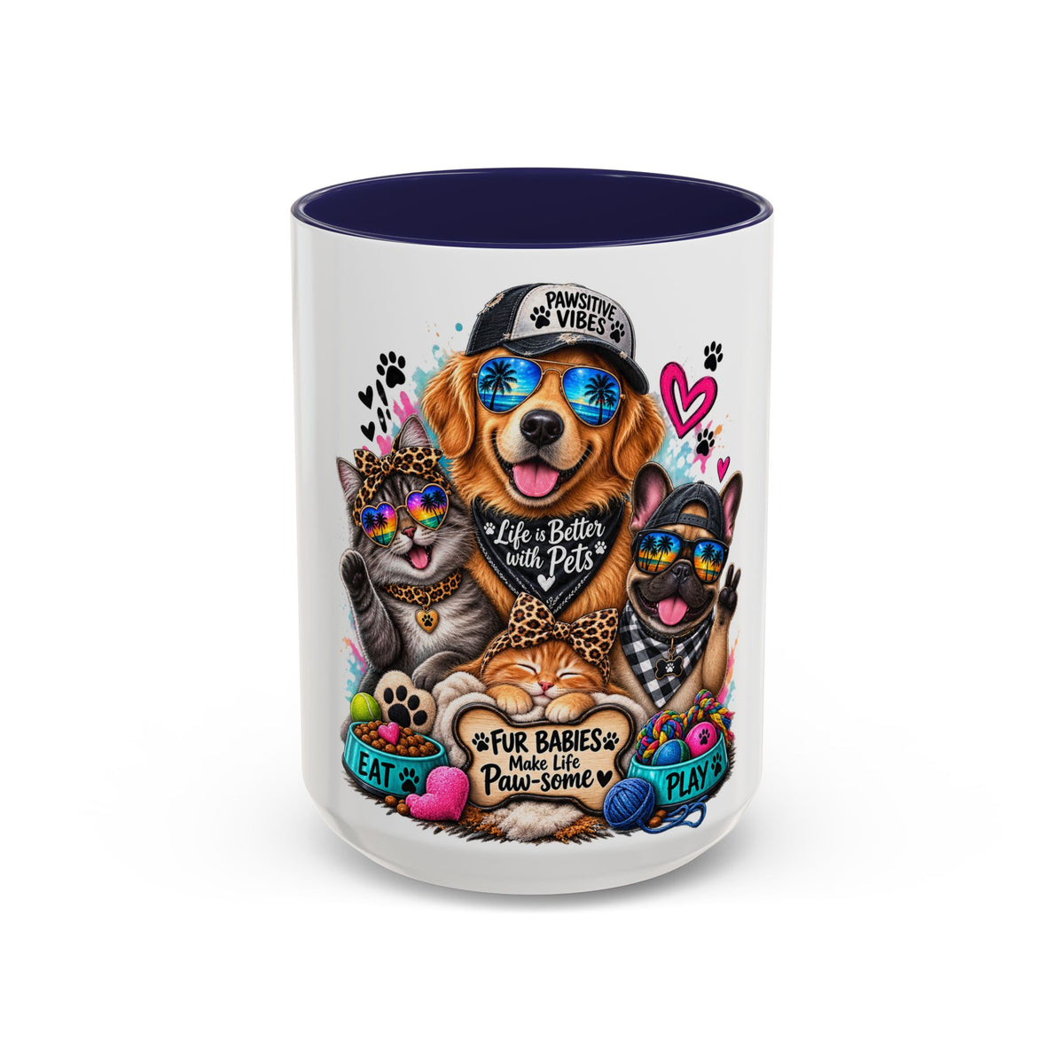 Coffee Mug — "Life is Better with Pets" Colorful Dog & Cat Paw-some Design (11/15 oz)