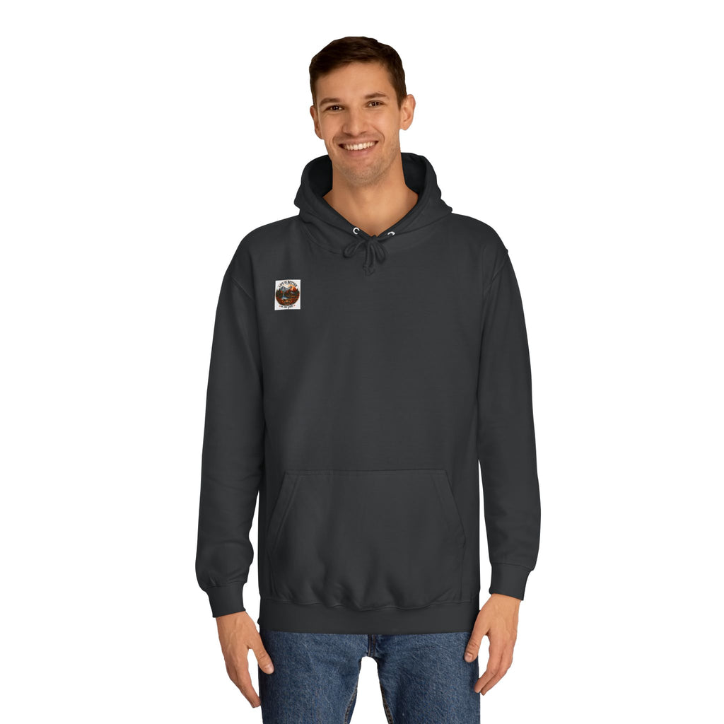 Charcoal gray pullover hoodie with hood, drawstrings, front kangaroo pocket, and chest patch.