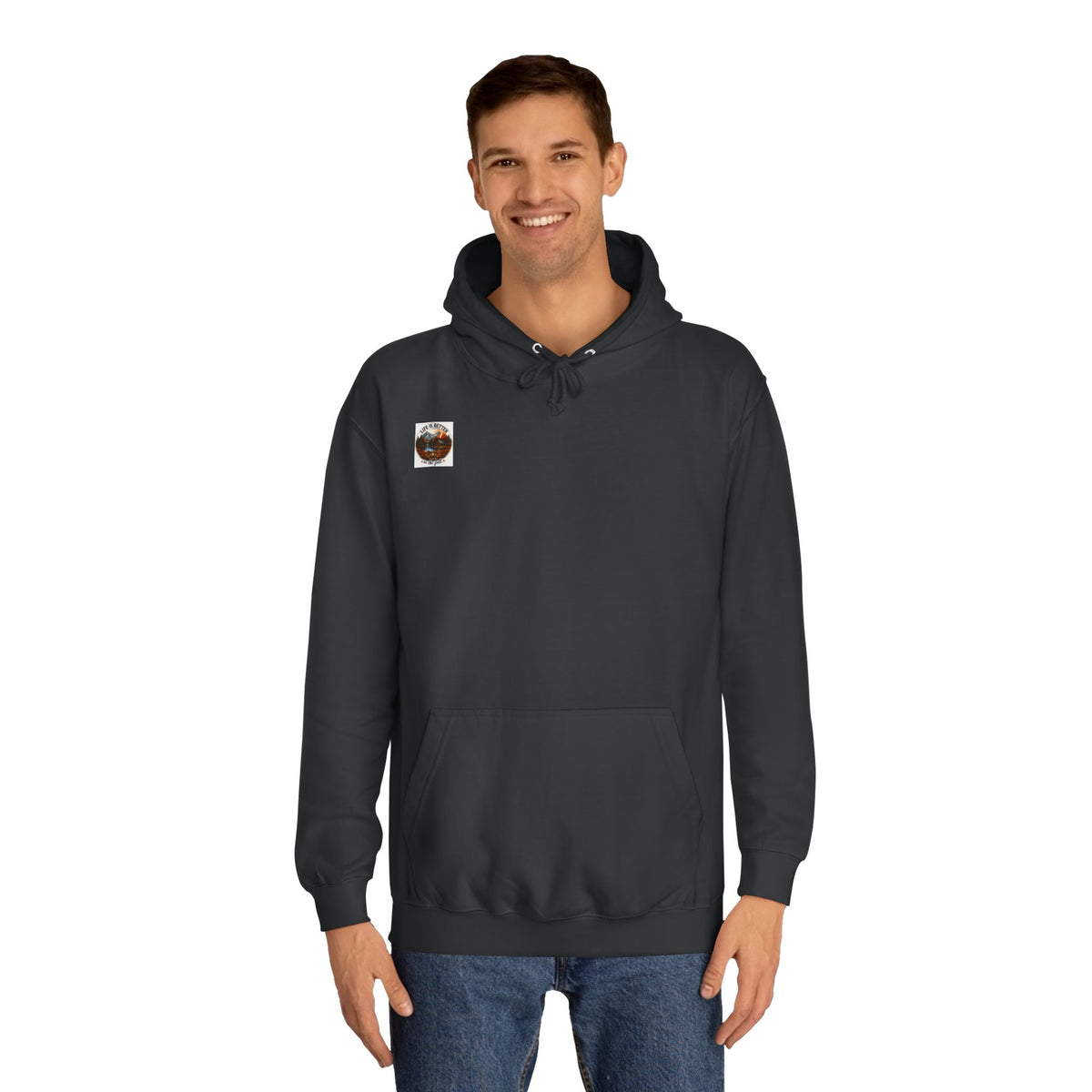 Charcoal gray pullover hoodie with hood, drawstrings, front kangaroo pocket, and chest patch.