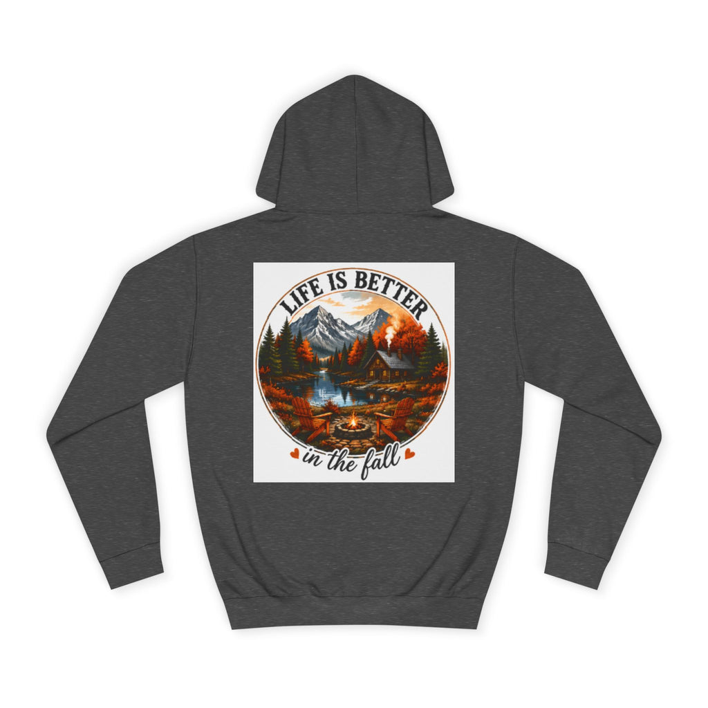 Charcoal pullover hoodie with hood and kangaroo pocket; back graphic print.