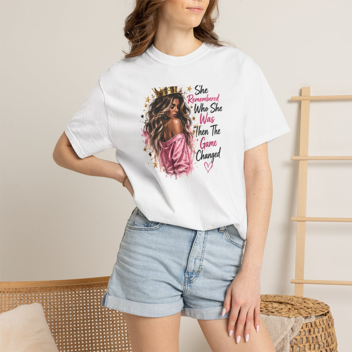 T-Shirt — 'She Remembered Who She Was' Empowerment Tee (Woman Portrait, Inspirational Quote)