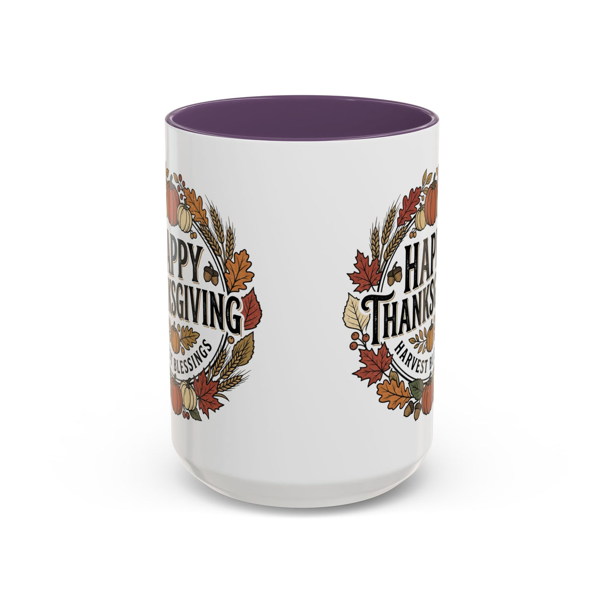 Happy Thanksgiving Accent Coffee Mug — "Harvest Blessings" Fall Pumpkin Wreath (11/15 oz)