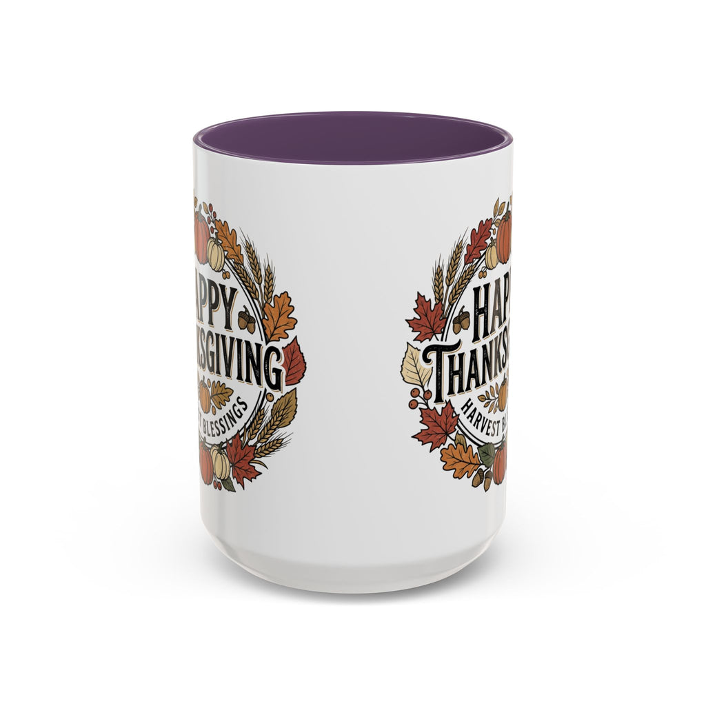 Happy Thanksgiving Accent Coffee Mug — "Harvest Blessings" Fall Pumpkin Wreath (11/15 oz)