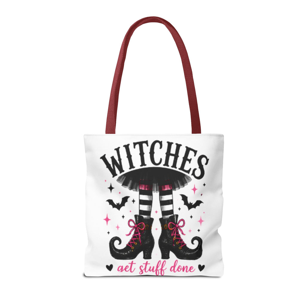 White tote bag with burgundy handles and witch boots graphic, 'WITCHES' and 'get stuff done' text.