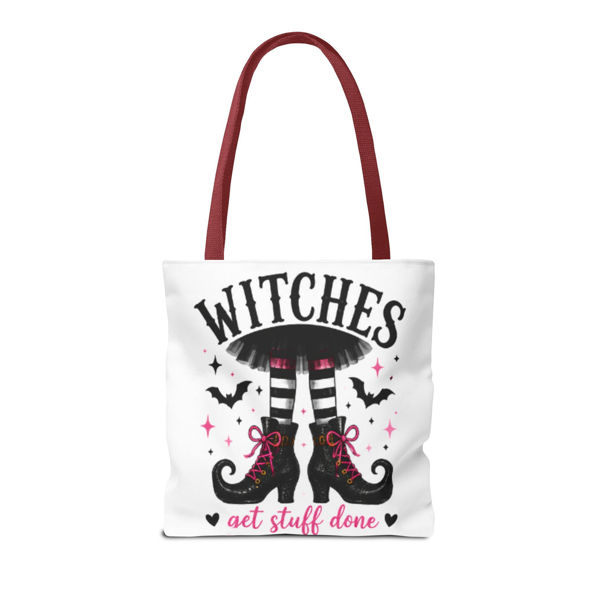 White tote bag with burgundy handles and witch boots graphic, 'WITCHES' and 'get stuff done' text.