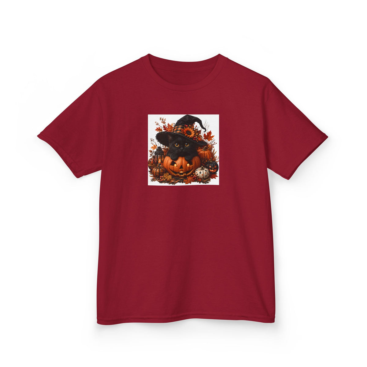 Kids Tee — Halloween Black Cat with Witch Hat & Pumpkins