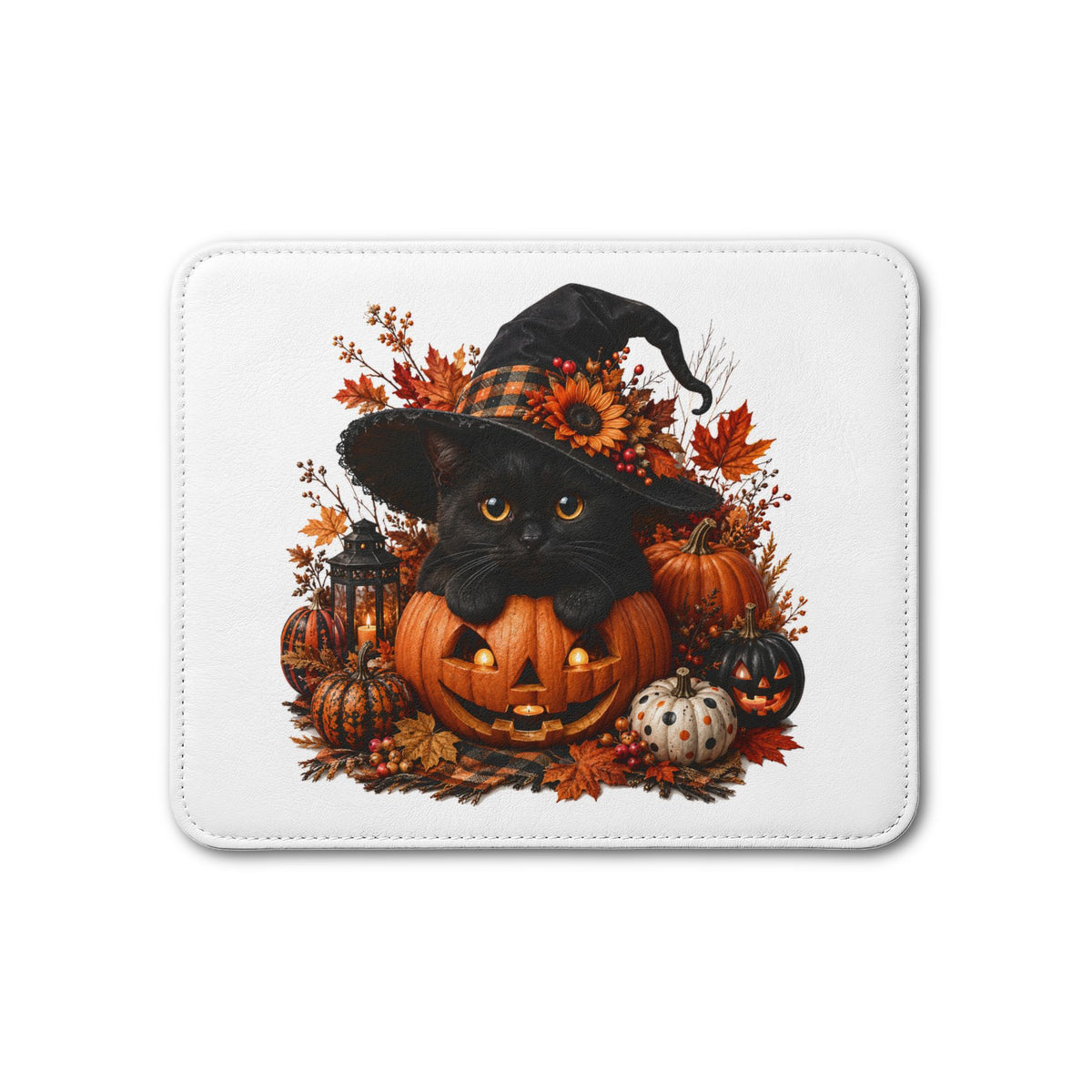 Halloween Black Cat & Pumpkin Leather Placemat — Witch Hat Fall Table Decor