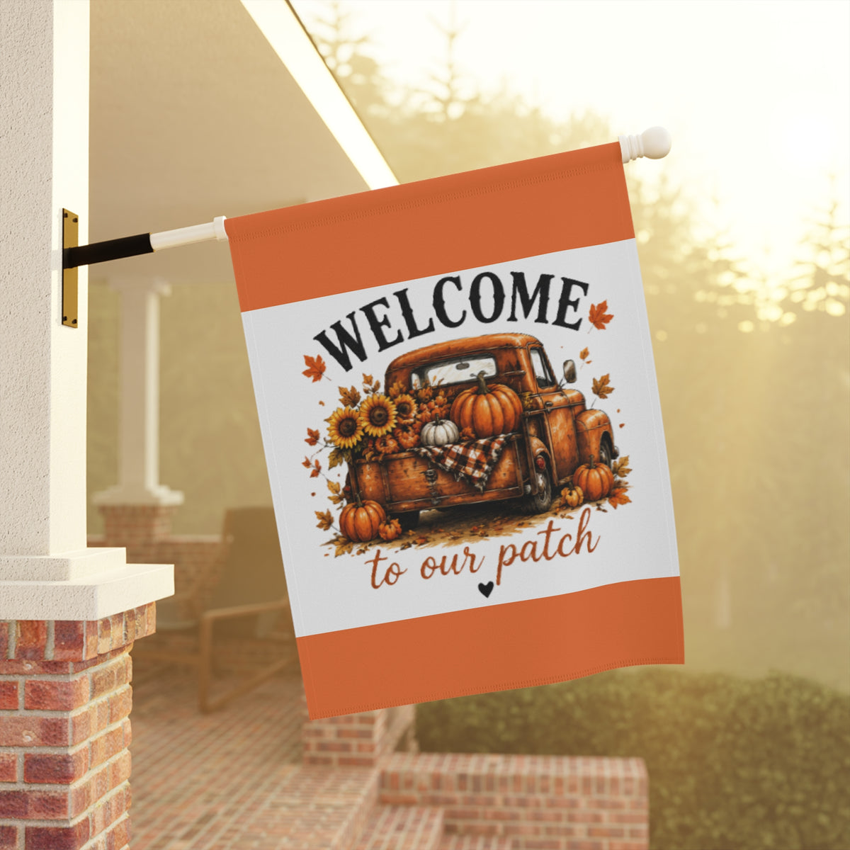 Autumn yard garden flag on black pole with Welcome patch artwork of pumpkin truck and sunflowers