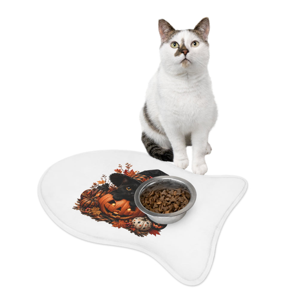 Halloween Cat Pet Feeding Mat – Black Kitten in Witch Hat Pumpkin Design