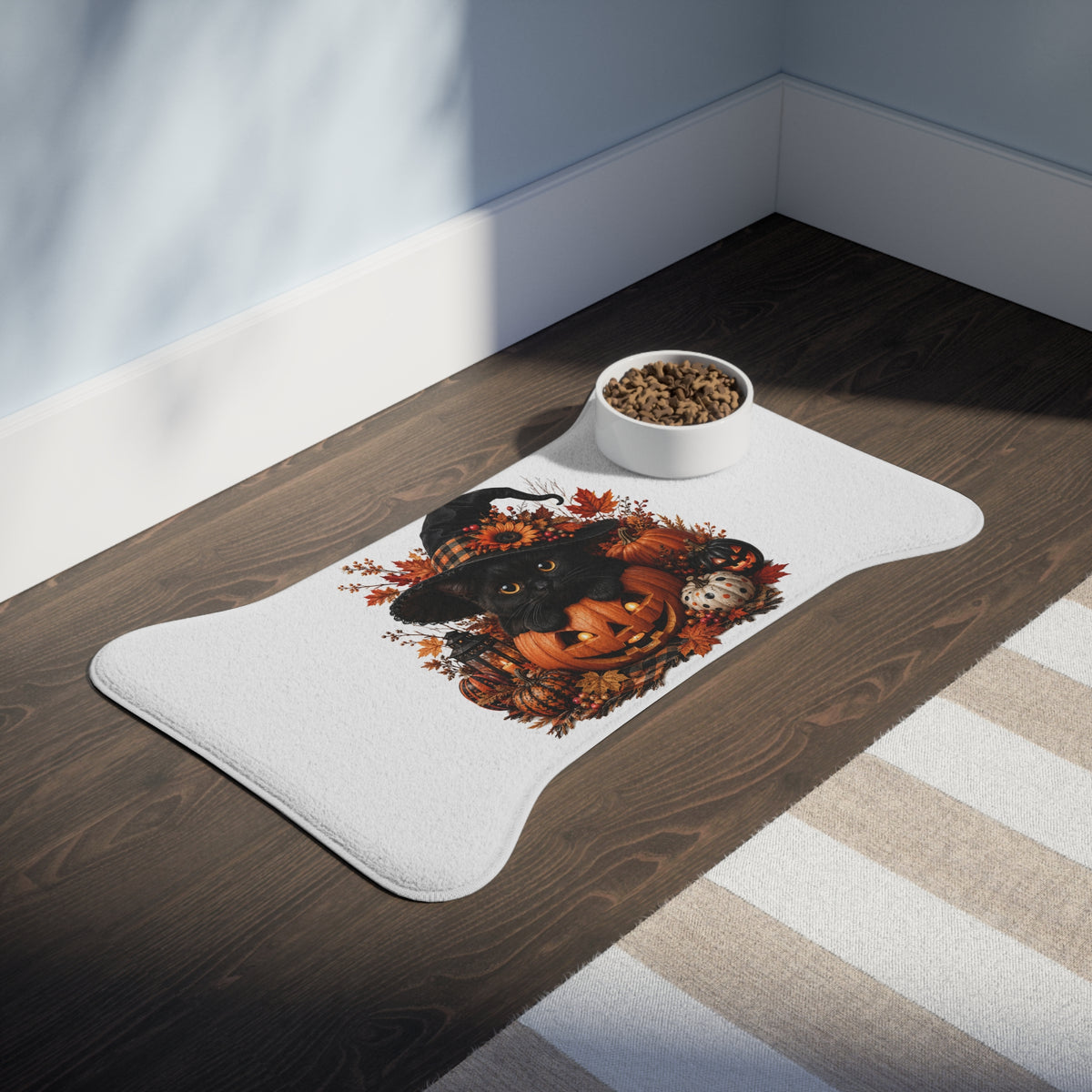 Halloween Cat Pet Feeding Mat – Black Kitten in Witch Hat Pumpkin Design