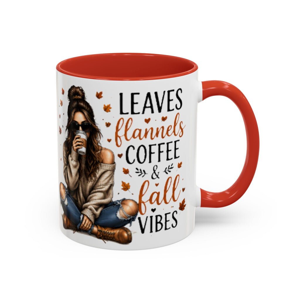 Orange-accent coffee mug with autumn quote and seated woman graphic, glossy finish