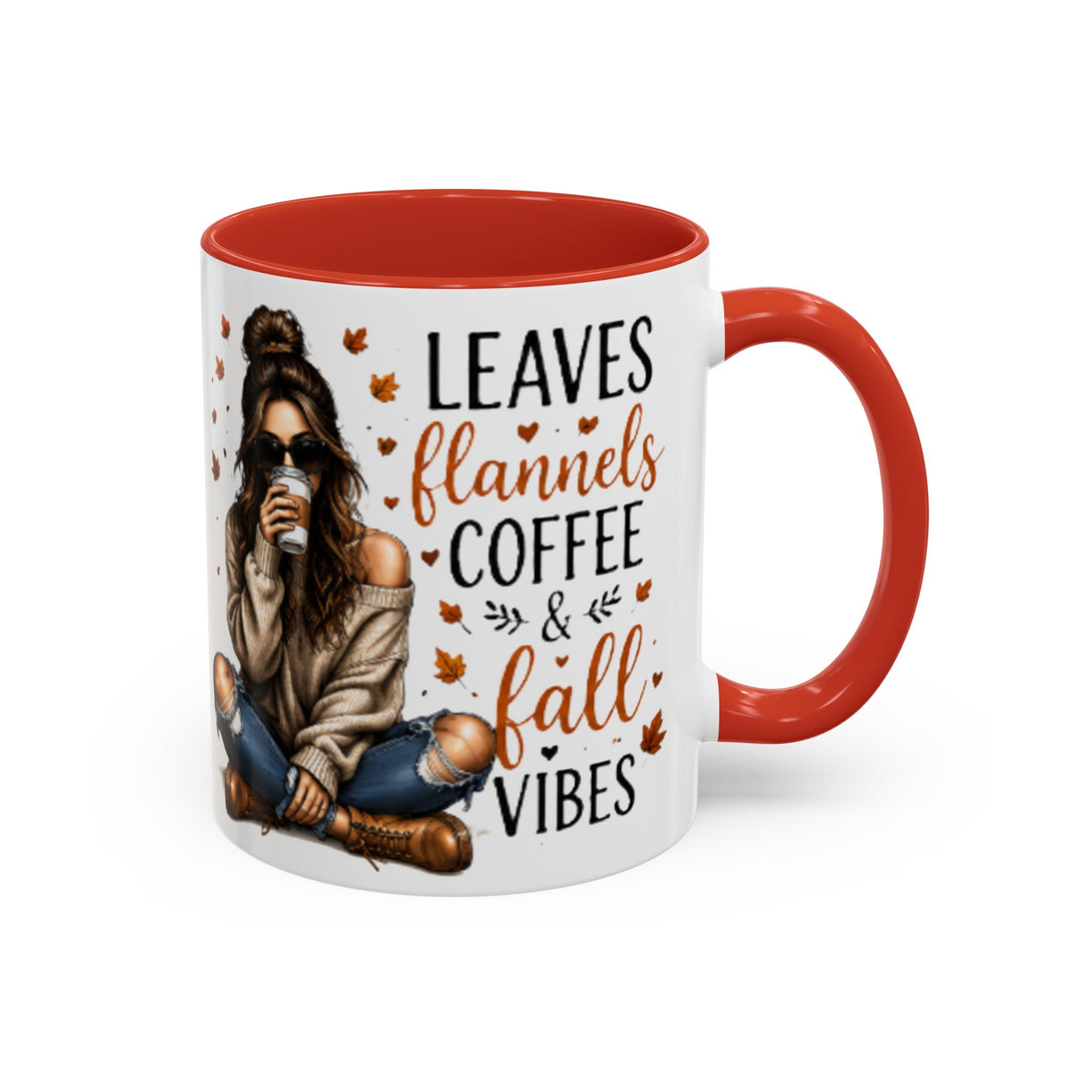 Orange-accent coffee mug with autumn quote and seated woman graphic, glossy finish