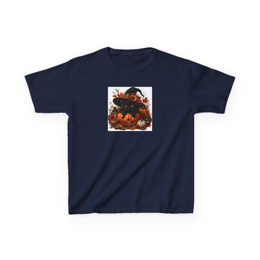 Kids Tee — Halloween Black Cat with Witch Hat & Pumpkins
