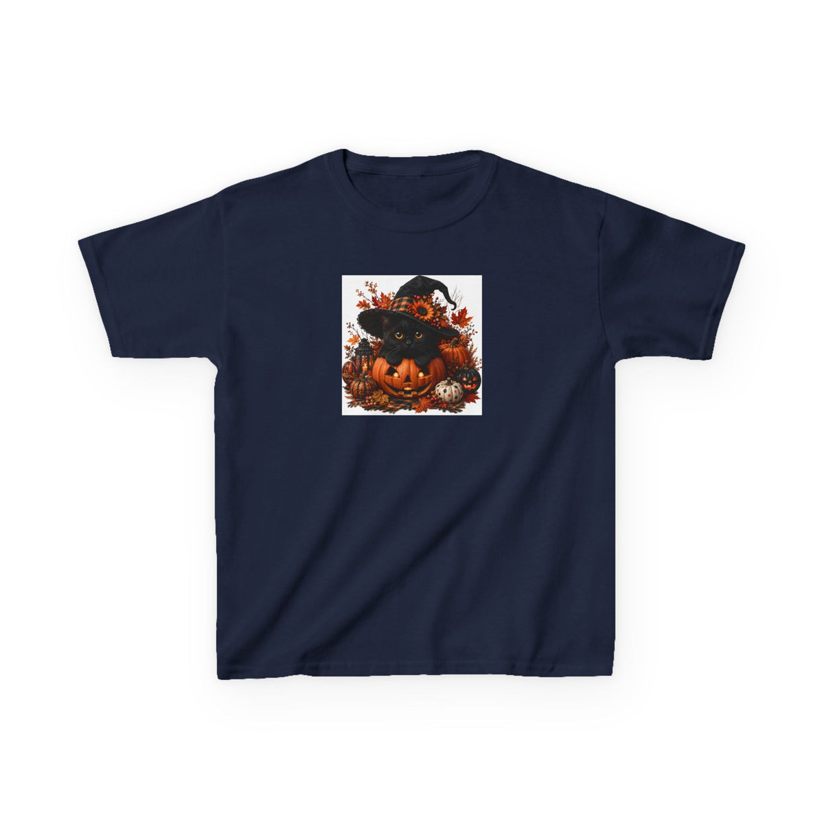 Kids Tee — Halloween Black Cat with Witch Hat & Pumpkins